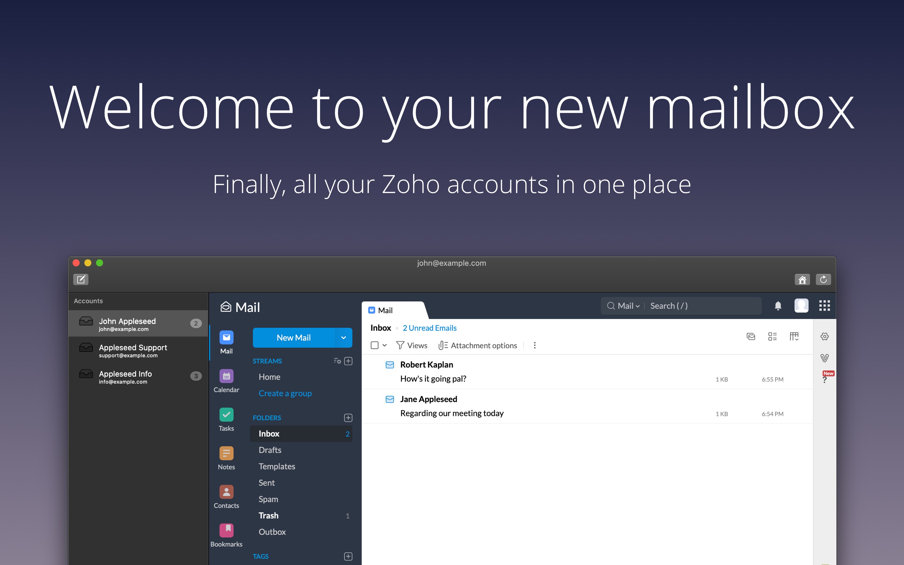 all your Zoho accounts in one place; multi-accounts supported.